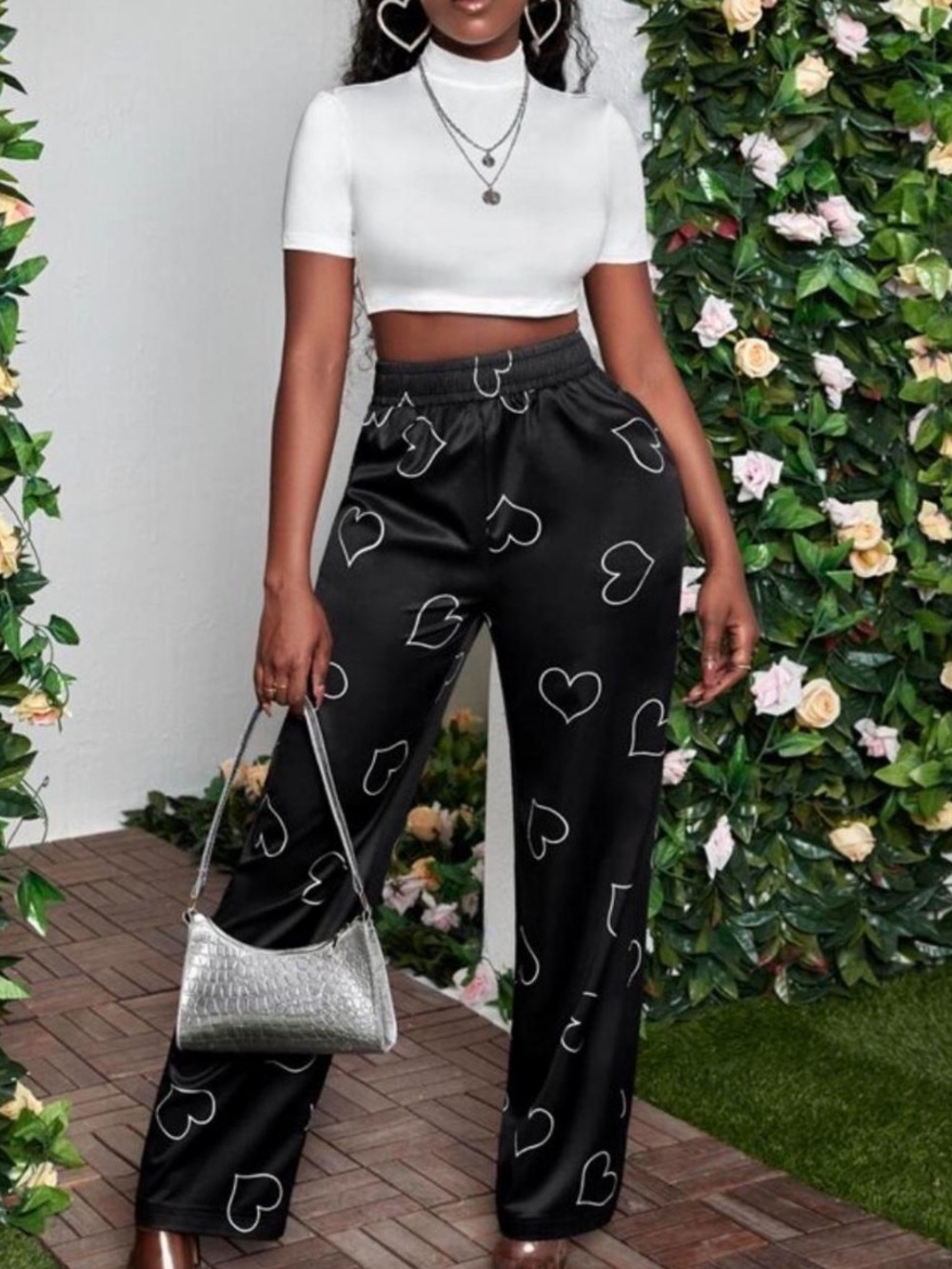 Black Heart-Print Wide-Leg Satin Pants
